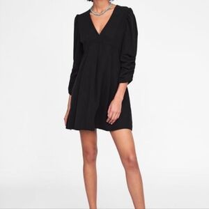 Zara Black Long Tie Sleeve Dress Womens Size Medium A-Line Vneck Pleated Lyocell